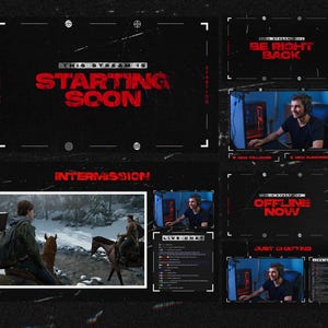 Puede incluir: Un conjunto de superposición de transmisión digital con un diseño oscuro y grunge. El panel principal dice "This Stream Is Starting Soon" en texto rojo. Otros paneles incluyen "Be Right Back", "Offline Now" y "Just Chatting".