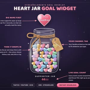 May include: A digital StreamElements goal overlay graphic titled Heart Jar Goal Widget. It features a glass jar filled with colorful heart-shaped tokens, a twine-tied tag, a floating heart notification, and a live goal count of 44/50.