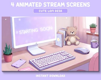 Pantalla de Twitch Lo-Fi, pantallas animadas acogedoras, superposición de Twitch morada