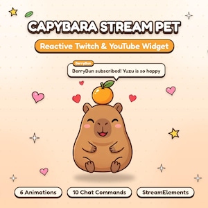 Puede incluir: Un gráfico digital que muestra un capibara marrón con una pequeña naranja sobre su cabeza. El texto dice CAPYBARA STREAM PET, Reactive Twitch & YouTube Widget, BerryBun subscribed! Yuzu is so happy, 6 Animations, 10 Chat Commands y StreamElements.