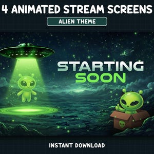 Puede incluir: Pantallas de transmisión animadas con temática alienígena. La imagen presenta un OVNI verde que ilumina a un alienígena verde. Las palabras "Starting Soon" se muestran en blanco y verde. Otro alienígena está en una caja. El texto "Instant Download" está en la parte inferior.
