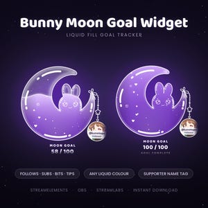 May include: A digital Bunny Moon Goal Widget featuring a liquid fill tracker. The graphic displays two crescent moon shapes with bunny ears, filled with purple liquid. Text includes Bunny Moon Goal Widget, Moon Goal 58/100, and 100/100.