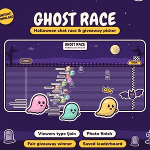 Puede incluir: Un gráfico digital titulado GHOST RACE Halloween chat race & giveaway picker que muestra una pista de carreras con fantasmas coloridos, una línea de salida y meta, una luna, murciélagos y lápidas. El texto incluye Viewers type !join, Photo finish, Fair giveaway winner y Saved leaderboard.