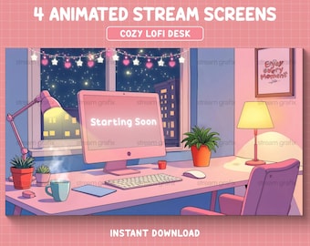 Cozy Pastel Stream Screens, Cute Pink Gaming Desk Twitch Overlay