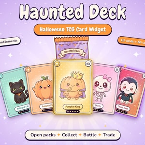 Peut inclure: Un widget de cartes à collectionner Haunted Deck Halloween avec un paquet violet et cinq cartes de personnages : Midnight Cat, Pumpkin Pal, Pumpkin King, Skully et Count Fang. L'interface affiche les textes StreamElements, 13 cards + 50 custom, et Open packs, Collect, Battle, Trade.