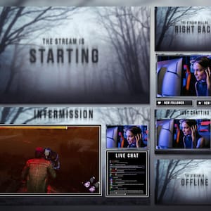 Può includere: Un set di overlay di streaming digitale con uno sfondo di foresta nebbiosa. Il testo include "The Stream is Starting", "Intermission", "Live Chat", "The Stream Will Be Right Back", "New Follower", "New Subscriber", "Just Chatting" e "The Stream is Offline."