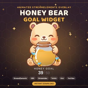 Op de afbeelding: Een geanimeerde Honey Bear doel-widget overlay met een lichtbruine cartoonbeer die een glazen pot met gouden honing en drie kleine bijen vasthoudt. De tekst luidt Animated StreamElements Overlay, Honey Bear Goal Widget, Honey Goal 39/50, StreamElements, OBS, Streamlabs, Twitch, Kick, YouTube en Instant Download.