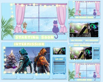 Overlay de Twitch de gato lofi invernal, pantallas de transmisión animadas de gatito de ensueño, tema de nieve acogedor
