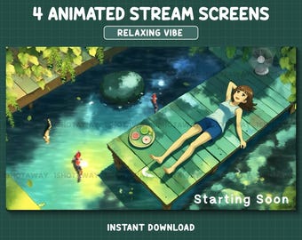 Superposición de Twitch Lofi de piscina relajante, pantallas de transmisión animadas de ensueño, tema de naturaleza
