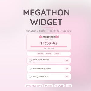 May include: A digital Megathon Widget interface in shades of soft pink, featuring a countdown timer set to 11:59:42, a progress bar, and milestone goals labeled shoutout raffle, emote-only hour, and cozy art break, with platform icons at the bottom.