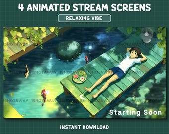 Superposición de Twitch de Lo-Fi con piscina relajante, pantallas de transmisión animadas de ensueño, tema de peces y naturaleza