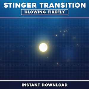 May include: A digital graphic featuring the text "STINGER TRANSITION" and "GLOWING FIREFLY" in white. A bright yellow orb and smaller yellow dots are set against a dark blue grid. The words "INSTANT DOWNLOAD" are at the bottom.