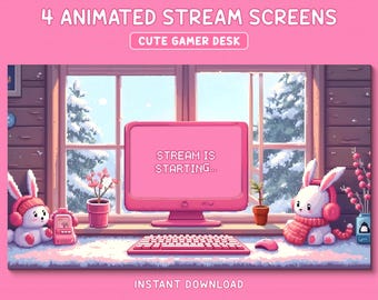 Superposiciones rosas para Twitch, arte pixel retro animado, pantallas de transmisión lo-fi adorables, estética acogedora