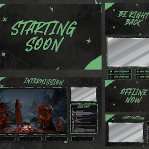 Può includere: Un set di grafiche overlay per streaming in nero e verde. Le grafiche includono elementi testuali come "Starting Soon", "Intermission", "Be Right Back", "Offline Now" e "Just Chatting". Il design presenta uno sfondo scuro e strutturato con accenti decorativi.