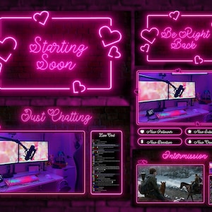 May include: A set of neon pink streaming overlays with heart accents and text. The overlays include "Starting Soon", "Be Right Back", "Just Chatting", and "Intermission" screens, along with follower and donation alerts.