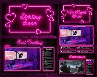 Superposición de transmisión animada de neón de San Valentín, superposición rosa para Twitch, paquete de transmisión adorable