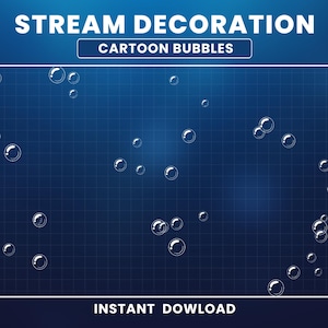 Puede incluir: Gráfico digital con el texto "STREAM DECORATION" y "CARTOON BUBBLES" sobre un fondo azul oscuro. La imagen presenta numerosas burbujas blancas de varios tamaños, con una superposición de cuadrícula. Las palabras "INSTANT DOWLOAD" están en la parte inferior.