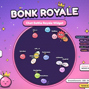 May include: A digital Bonk Royale chat battle widget interface featuring a dark circular arena filled with colorful cartoon blobs. The screen displays usernames, action text like POW and K.O., and a purple background with floating clouds, stars, and confetti elements.