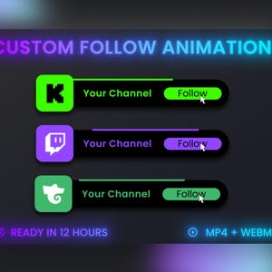 Puede incluir: Gráfico de animación de seguimiento personalizado con texto de neón. El gráfico incluye tres botones de seguimiento animados con el texto "Your Channel" y "Follow". El gráfico también incluye el texto "READY IN 12 HOURS" y "MP4 + WEBM".