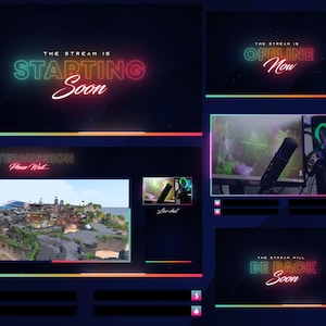 May include: A set of streaming overlay graphics with a dark blue background and neon text. The graphics include "Starting Soon", "Offline Now", "Intermission Please Wait...", and "Be Back Soon". The graphics also include a live chat box and other elements.