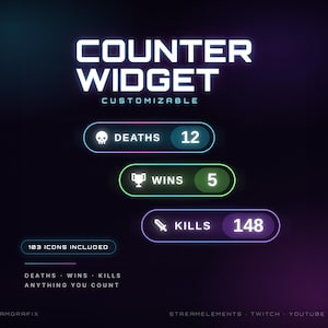 May include: A digital counter widget graphic featuring the text COUNTER WIDGET CUSTOMIZABLE. It displays three rounded bars labeled DEATHS 12, WINS 5, and KILLS 148 with corresponding icons. Includes 103 ICONS INCLUDED and text DEATHS WINS KILLS ANYTHING YOU COUNT.