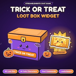 Könnte beinhalten: Ein violettes Lootbox-Widget mit orangefarbenem Deckel, verziert mit einem niedlichen Gesicht, zwei Kürbissen, einer Fledermaus und einem Zuckermais-Aufkleber. Text: STREAMELEMENTS CHAT GAME, TRICK OR TREAT LOOT BOX WIDGET, TRICK OR TREAT, LEGENDARY, 3D LOOT BOX, 16 CUTE CHARACTERS, CHAT COMMANDS, LEADERBOARD.