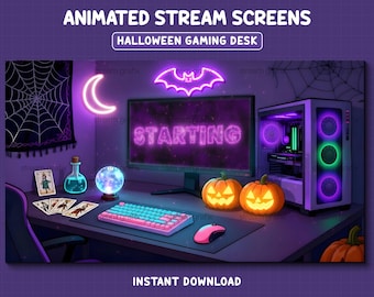 Geanimeerde stream-overlay voor Halloween-gamingdesk | Heksachtige, esthetische, knusse spreukenkamerschermen | Binnenkort van start en BRB-streamoverlays