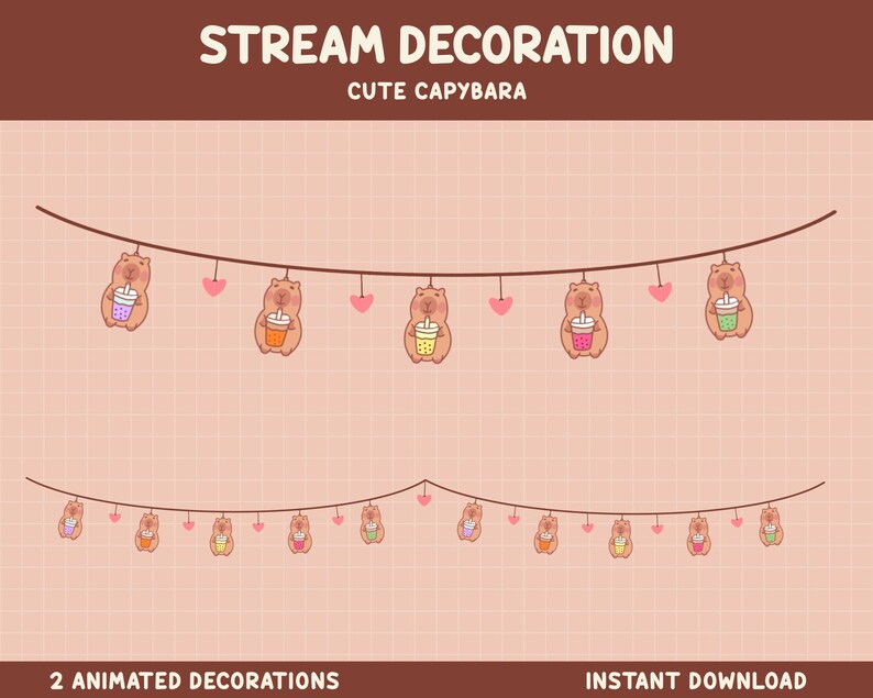 Animated Capybara Twitch Overlay, Pastel Hearts, Cute Stream Decoration ...