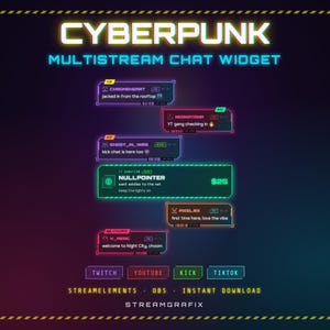 May include: A digital multistream chat widget overlay featuring neon-style text boxes in purple, green, and orange. The graphic displays the text CYBERPUNK MULTISTREAM CHAT WIDGET, along with platform labels for TWITCH, YOUTUBE, KICK, and TIKTOK.