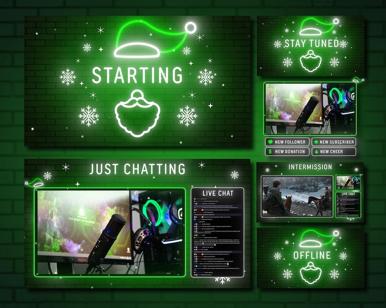 Animated Neon Christmas Twitch Overlay, Neon Stream Pack, Festive Santa ...