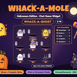 Può includere: Un widget di gioco chat Whack-A-Mole edizione Halloween con una griglia 3x3 di fantasmi e un gatto nero in buchi. L'interfaccia include una classifica Top Whackers, un timer, un martello arancione e il testo Type 1-9 in chat to WHACK!