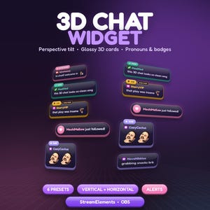 Puede incluir: Un widget de chat 3D digital con tarjetas de mensaje brillantes e inclinadas que muestran nombres de usuario, pronombres, insignias y texto. La imagen incluye el texto 3D CHAT WIDGET, Perspective tilt, Glossy 3D cards, Pronouns & badges, 6 PRESETS, VERTICAL + HORIZONTAL, ALERTS y StreamElements • OBS.