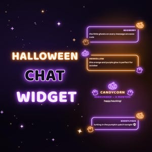 Puede incluir: Un widget de chat digital de Halloween con texto estilo neón y cuadros de mensaje sobre un fondo oscuro con estrellas. El texto dice HALLOWEEN CHAT WIDGET, BOOBERRY, HEXHOLLOW, CANDYCORN SUBSCRIBED 6 MONTHS y GHOSTLYGUS con iconos de calabaza.