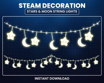 Superposición de Twitch con estrellas y luna animadas, decoración de transmisión con luces centelleantes, un complemento ideal para fiestas navideñas.
