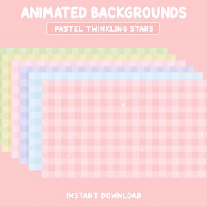 Pode incluir: Uma pilha de fundos digitais em tons pastel com um padrão xadrez e estrelas cintilantes. Os fundos são em tons de rosa, azul, amarelo e verde. O texto na parte superior diz "ANIMATED BACKGROUNDS" e "PASTEL TWINKLING STARS". As palavras "INSTANT DOWNLOAD" estão na parte inferior.