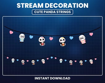 Superposición de Twitch de panda pastel animado, decoración de transmisión de panda adorable, complemento kawaii de luces de cadena