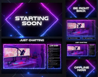 Superposiciones animadas con degradado azul neón y rosa, paquete minimalista cyberpunk para Twitch