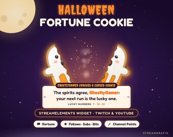 ハロウィンのフォーチュンクッキーTwitchウィジェット、アニメーションチャットコマンドゲーム、かわいいゴーストクッキー