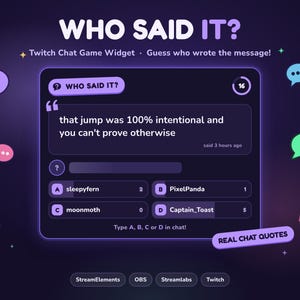 Op de afbeelding: Een Twitch chat game widget interface getiteld WHO SAID IT? met een citaat dat luidt, that jump was 100% intentional and you can't prove otherwise. Het display bevat vier gebruikersopties: sleepyfern, PixelPanda, moonmoth en Captain_Toast.