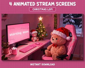 Superposición navideña adorable para Twitch, pantallas acogedoras de Navidad para Twitch, árbol de Navidad, pantallas de transmisión con ositos de peluche, superposición navideña animada