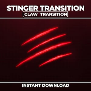 Può includere: Grafica digitale con il testo "Stinger Transition" e "Claw Transition" in bianco. Quattro artigli rossi attraversano l'immagine. Le parole "Instant Download" sono in basso.