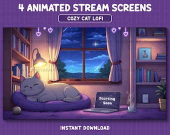 Magical Night Cat Twitch Overlays, Cozy Lofi Stream Screens, Twinkling Stars Aesthetic