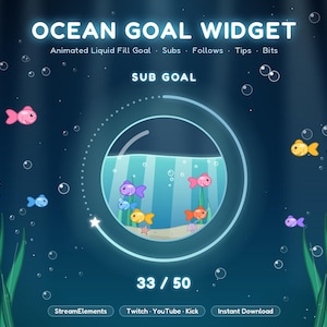 Op de afbeelding: Een digitale Ocean Goal Widget afbeelding met een cirkelvormige vloeistofcontainer met kleurrijke vissen, groen zeewier en bubbels. De tekst bevat OCEAN GOAL WIDGET, Animated Liquid Fill Goal, Subs, Follows, Tips, Bits, SUB GOAL, 33 / 50, StreamElements, Twitch, YouTube, Kick en Instant Download.