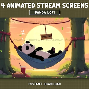 Op de afbeelding: Geanimeerde digitale illustratie van een panda die ontspant in een blauwe hangmat tussen twee bomen. De panda bevindt zich in een bosrijke omgeving met een zonsondergang op de achtergrond. De tekst bovenaan luidt "4 ANIMATED STREAM SCREENS" en "PANDA LOFI".