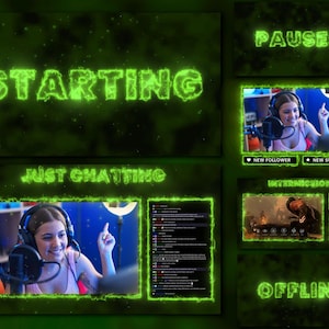 Green Fire Twitch Animated Overlay, Neon Stream Overlay Pack for Obs, Streamlabs