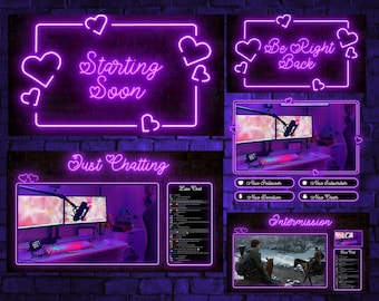 Valentine Neon Animated Stream Overlay, Purple Hearts Twitch Package