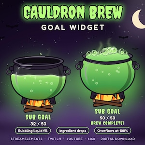 May include: A digital Cauldron Brew goal widget graphic featuring two black cauldrons over campfires with green bubbling liquid. Text includes CAULDRON BREW, GOAL WIDGET, SUB GOAL, 32/50, 50/50 BREW COMPLETE, and platform names like TWITCH and YOUTUBE.