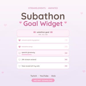 Puede incluir: Una interfaz digital de widget de objetivo de subathon en rosa claro con el texto StreamElements Animated Subathon Goal Widget. Incluye una barra de progreso, una lista de objetivos como viewers pick my game, karaoke song, special giveaway, 24h stream extend y face reveal of my cat, con iconos de Twitch, YouTube y Kick.