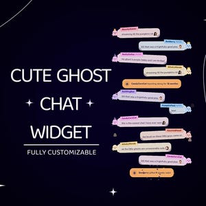 May include: A digital chat widget display featuring small ghost icons next to user messages. The text reads CUTE GHOST CHAT WIDGET FULLY CUSTOMIZABLE, with various usernames and chat bubbles in shades of pink, orange, and blue on a dark background.