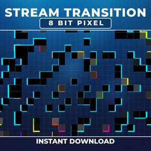 Op de afbeelding: Een digitale afbeelding getiteld STREAM TRANSITION 8 BIT PIXEL met een donkerblauwe rasterachtergrond met verspreide zwarte vierkante blokken. De blokken zijn omlijnd met gloeiende neon cyaan, gele, groene, oranje en magenta randen. INSTANT DOWNLOAD.